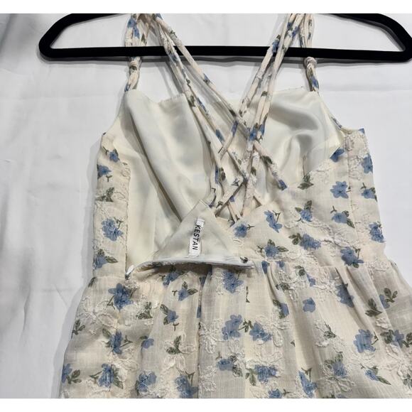 Kestan Strappy Cross Back Mini Dress Size S White Blue Floral Textured Tiered - Picture 7 of 8